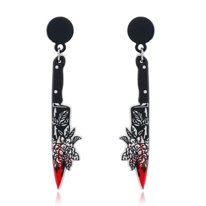 Boucles d'oreilles couteau d'Halloween en acrylique avec roses noires et faux sang