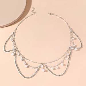 Ethnic style silver layered forehead chain with rhinestones and white pearls for women