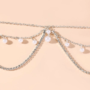 Ethnic silver layered hair chain with pearls and rhinestones for women hair accessories