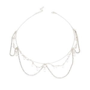 Ethnic pearl rhinestone multi-layer forehead chain and bridal headpiece in silver finish