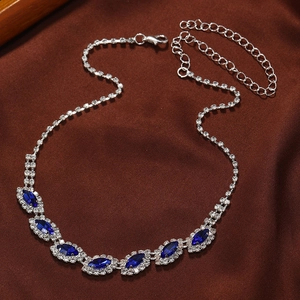 Vintage Koningsblauw Marquise Kunstmatig Kristal Hanger Halsketting Voor Vrouwen Luxe Zilver Kleur Strass Ingelegd Kraag Ketting