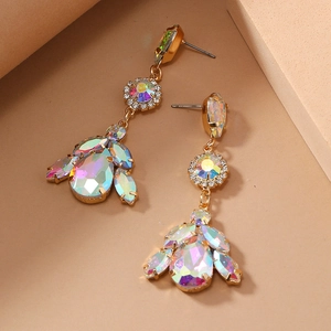 Vintage long drop earrings with gold metal and rainbow AB crystals for women