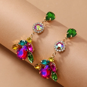 Vintage gold drop earrings featuring multi-color crystal gemstones and artistic luxury design