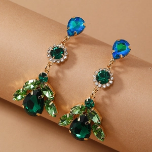 Vintage gold crystal drop earrings with teardrop blue and green gemstones for women