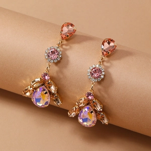Vintage gold drop earrings with multi-colored crystals and amber teardrop stones