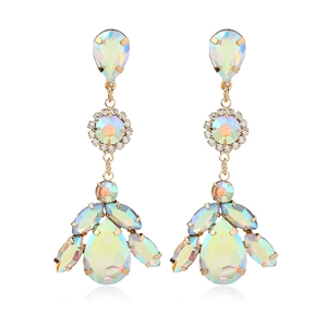 Vintage gold drop earrings with tiered iridescent crystal gemstones in a boho luxury style