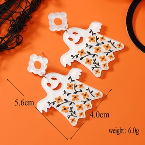 Boucles d'oreilles fantômes avec motif floral orange sur acrylique, 5,6cm x 4,0cm
