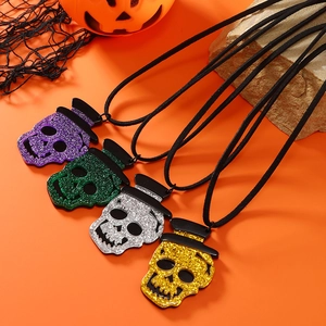 Vintage Acryl Totenkopf Anhänger Halskette Punk Gothic Glitzer Skelett Kette Für Damen Halloween Party Urlaub Schmuck