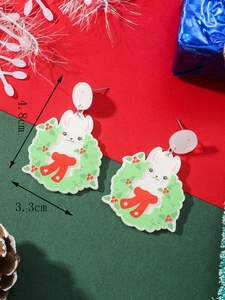 Detail showing dimensions of 4.8cm by 3.3cm for rabbit Christmas wreath earrings