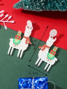 Detailed view of Christmas llama earrings with festive scarves and gift boxes 6.2cm long