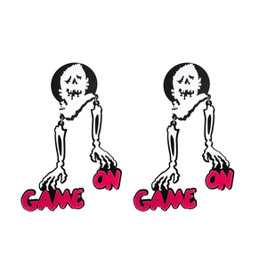 Gothic Halloween skull earrings featuring pink bone arms and Game On text on white background