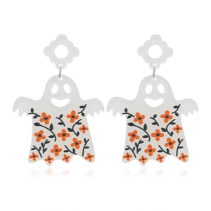 Boucles d'oreilles fantômes d'Halloween en acrylique blanc avec motifs floraux orange