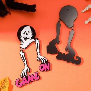 Skeleton drop earrings with Game On text on orange background for Halloween party