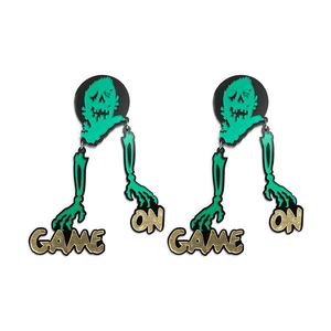 Gothic zombie skeleton earrings with green acrylic head and gold Game On letters