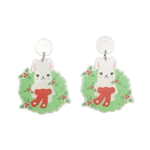 Christmas alpaca earrings with green wreath and red scarf in sparkly glitter acrylic
