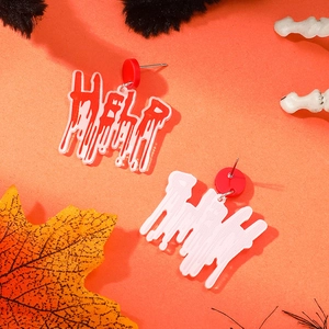 Spooky Halloween HELP blood splatter acrylic stud earrings for women on orange background