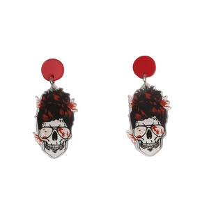 Skull handprint earrings with sunglasses and red hair for Halloween punk jewelry fashion