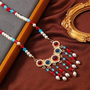 Vintage Ethnic Style Alloy Artificial Pearl Pendant Necklace For Women Chinese Folk Style Tassel Bead Collar Jewelry