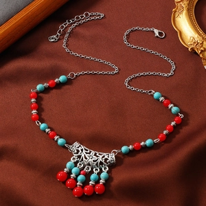 Ancient style Yingluo collar necklace with turquoise beads and silver floral tassel pendant