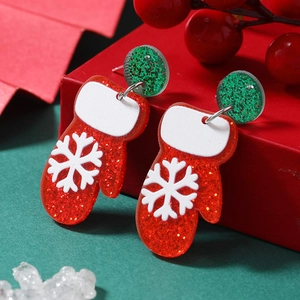 Christmas snowman tree boot snowflake acrylic earrings with red glitter mittens and green studs