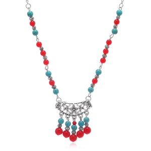 Traditional Chinese beaded necklace with turquoise stones, red beads and ethnic tassel