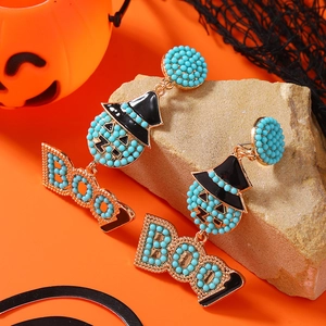 Boucles d'oreilles BOO citrouille perlées à la main pour Halloween avec perles turquoise