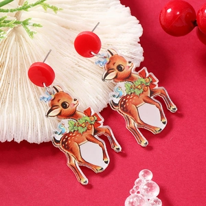 Cartoon reindeer acrylic Christmas earrings on white coral stand with red background