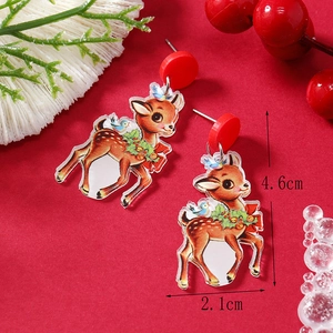 Detail view of acrylic Christmas reindeer earrings with 2.1cm by 4.6cm size dimensions