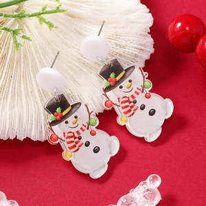 Christmas snowman acrylic earrings with red and white striped scarf on red background