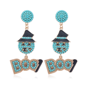 Boucles d'oreilles Halloween avec perles bleues et lettrage BOO style sorcier