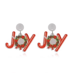 Christmas JOY acrylic drop earrings with green wreath detail on a clean white background