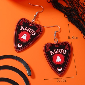 Close-up of Halloween acrylic ghost earrings showing 6.8cm length and 3.3cm width dimensions