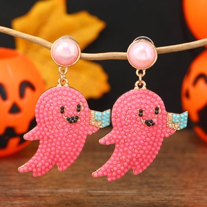 Pendientes de fantasma de Halloween de cuentas rosas con cartel BOO y perlas rosadas