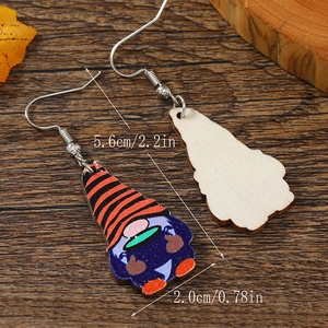 Detailed view of gnome wooden earrings with red striped hats and precise measurements