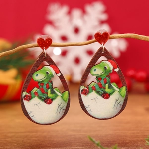Pendientes navideños de madera en forma gota con lindo dinosaurio verde y gorro de Santa