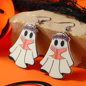 Halloween-Ohrringe aus Acryl mit weißem Geist, rosa Blumenkranz und einem kleinen Buch