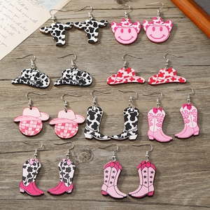Boucles d'Oreilles Pendantes en Bois Imprimé Thème Cowboy Occidental Motif Vache Chapeau Bottes Boule à Facettes Smiley Rétro Boho Pour Femme