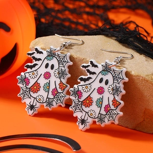 Halloween Geist Acryl Ohrhänger mit bunten Blumenprints und Fledermaus Netz Details