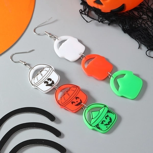 Pendientes de cesta de calabaza de Halloween con colgantes de acrílico de tres niveles y caras