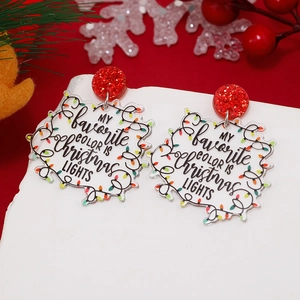 Festive Christmas tree acrylic drop earrings with colorful bulb patterns and red glitter studs