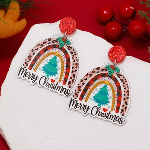 Chic acrylic Christmas tree earrings with leopard print and Merry Christmas text