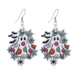 Ghost Halloween earrings with colorful floral patterns and small spider charms for women