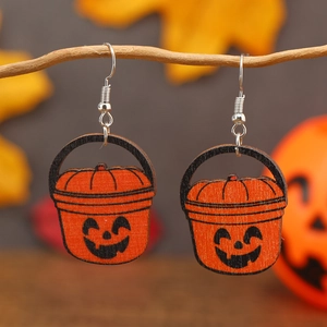 Exaggerated Halloween pumpkin earrings made of wood with Jack-o-lantern cutout design