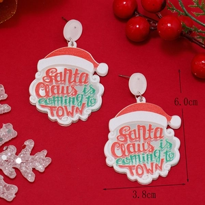 Detail view of acrylic Santa Claus earrings with 6.0cm x 3.8cm size dimensions shown