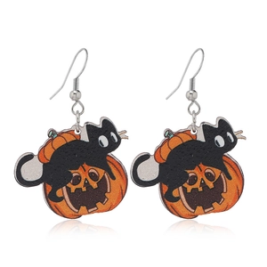 Halloween dangle earrings featuring black cat on pumpkin design with silver hooks