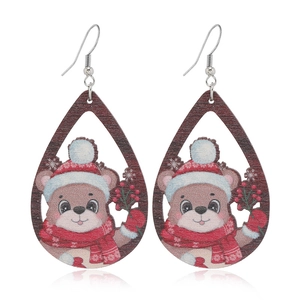 Pendientes navideños de madera con forma de gota, oso lindo, gorro rojo y bufanda festiva