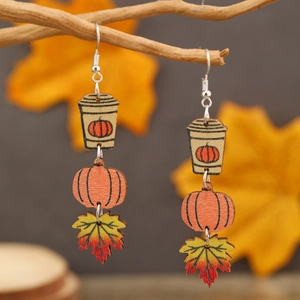 Three-tier Halloween wooden drop earrings with pumpkin coffee cup and autumn maple leaf