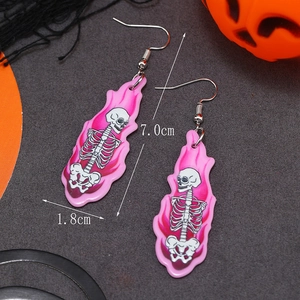 Punk Halloween skeleton earrings with pink flame acrylic drops for women costume
