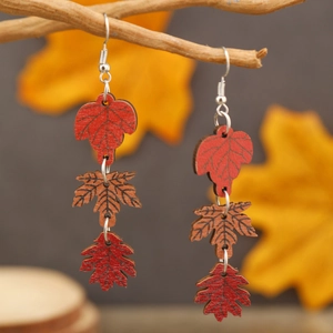 Three-layer maple leaf wooden earrings with autumn gradient colors and metal hooks