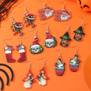 Boucles d'Oreilles Pendantes en Acrylique Double Face Festif Motif Père Noël Sorcière Crâne Bijoux de Fête Noël Halloween Femme